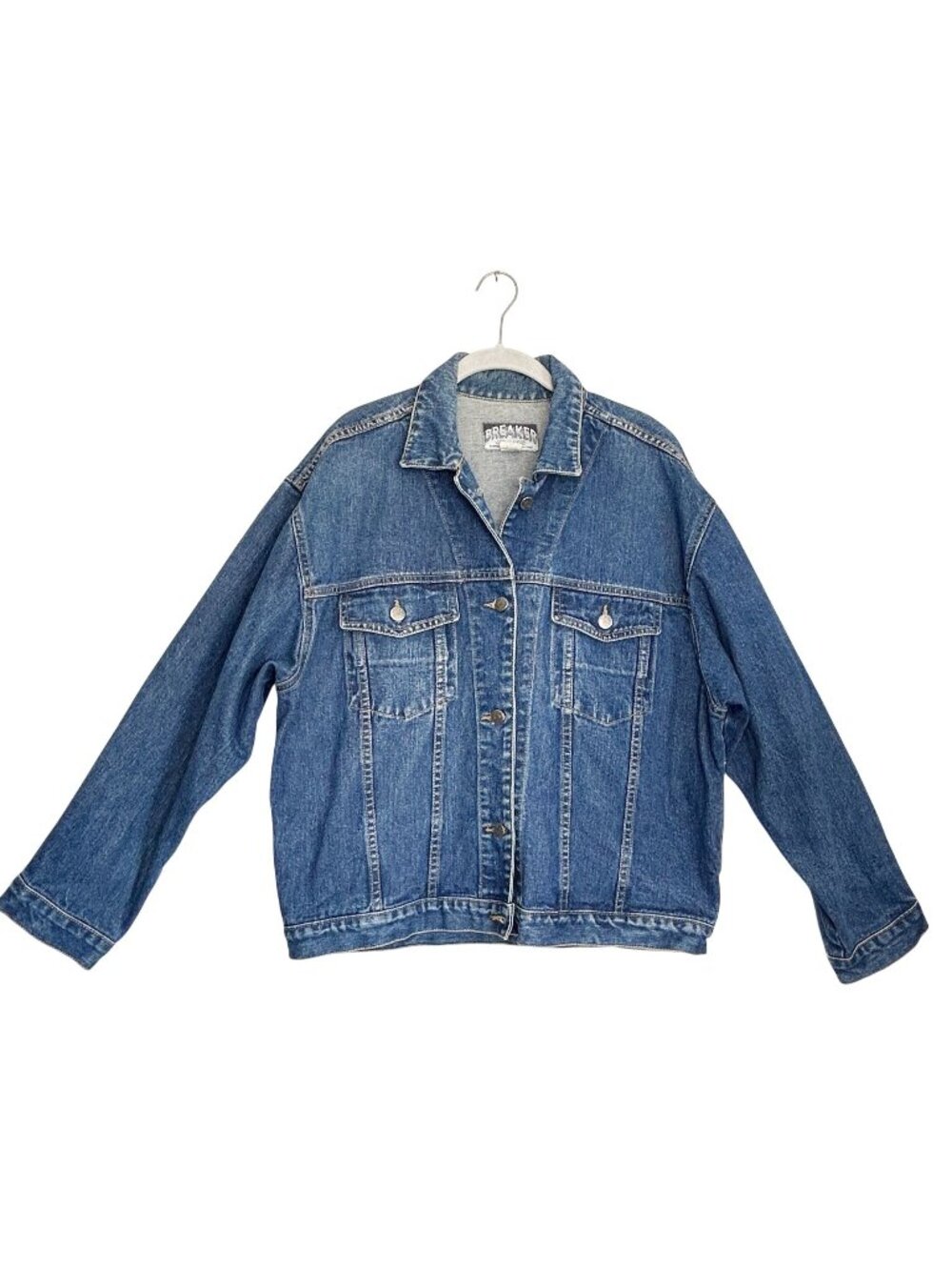 Vintage 90s Breaker Jeans Oversized Denim Trucker Jacket in Med Wash Blue - Sz L